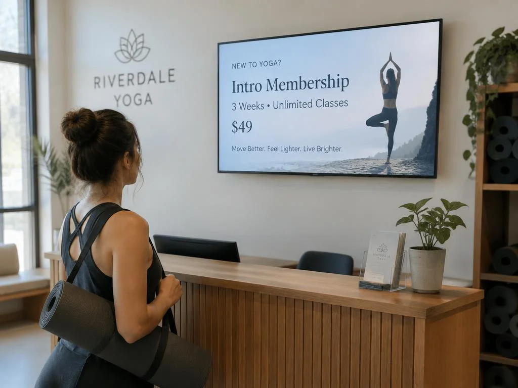 Woman carrying a yoga mat viewing an introductory membership offer on a digital screen at a yoga studio reception.