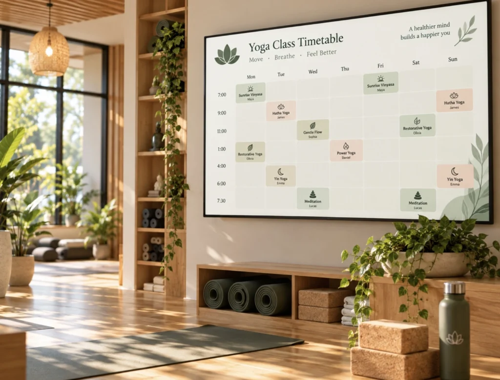 Modern yoga studio with a wall-mounted digital class timetable, yoga mats, cork blocks, plants, and natural wood interiors.