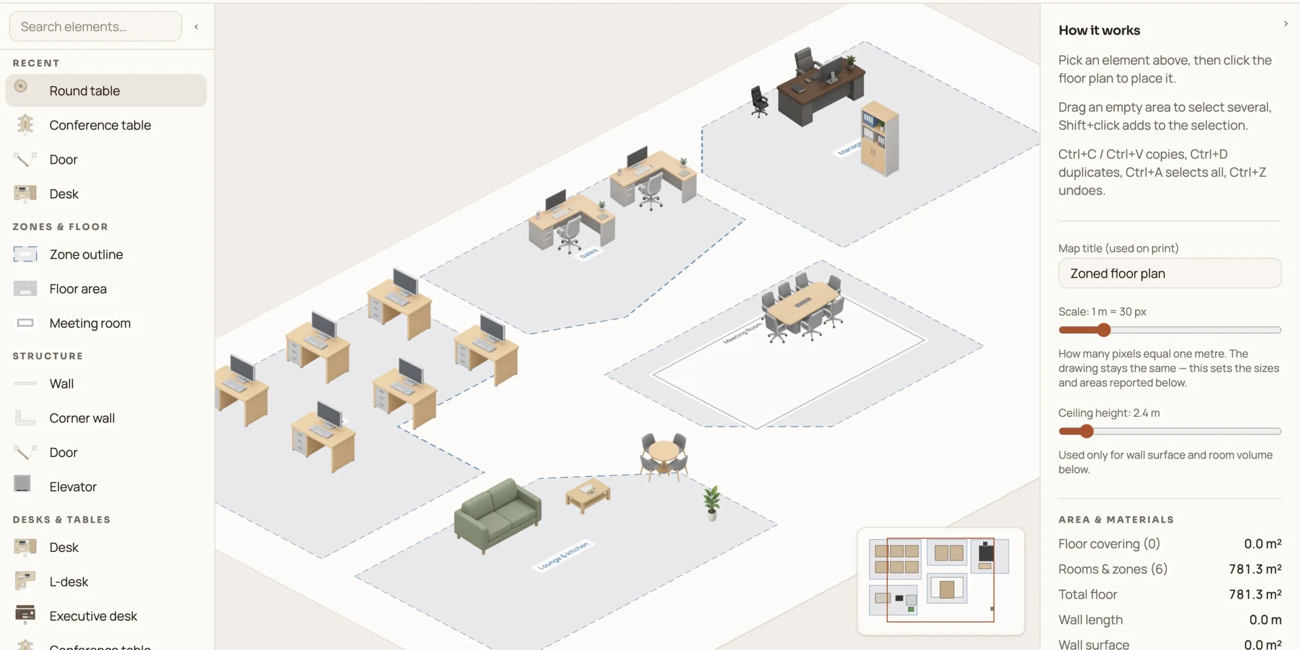 Isometric office floor plan editor with zoned workspaces, desks, meeting room, executive office and lounge area.
