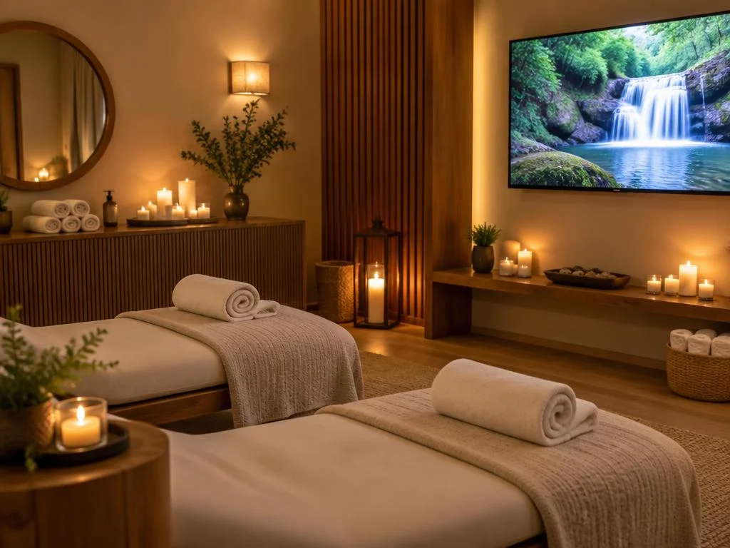 Relaxing spa treatment room with massage beds, candles, warm lighting, and a digital screen showing a peaceful waterfall.