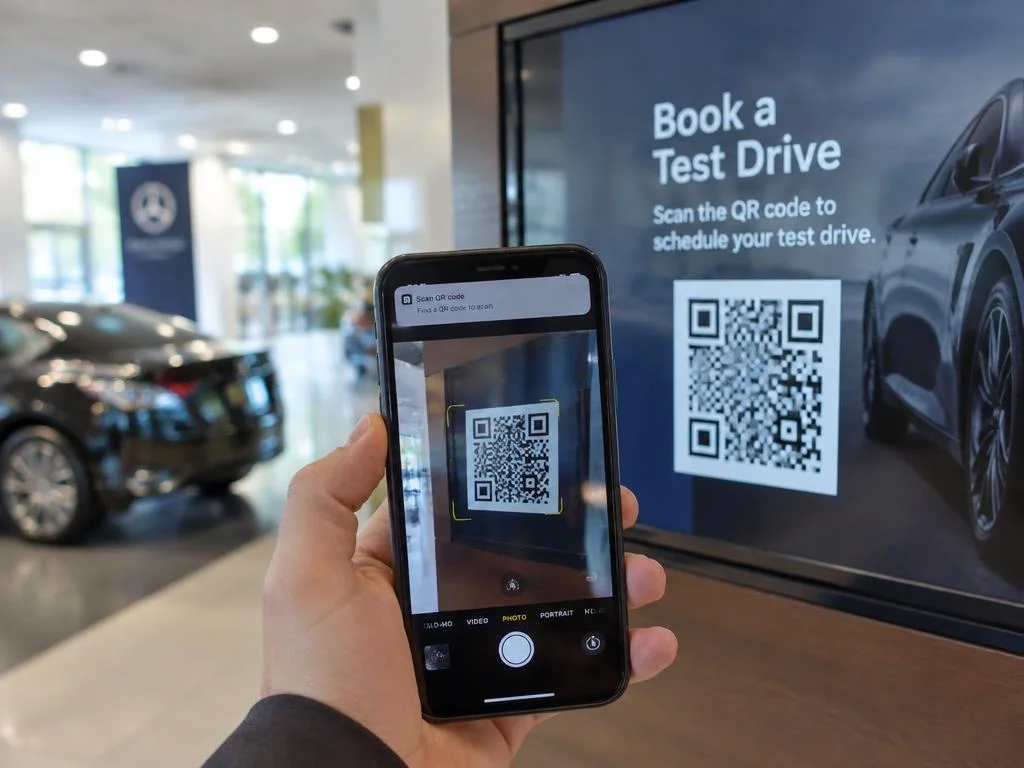 Customer scanning a QR code on a digital signage display in a car dealership to book a test drive using a smartphone.