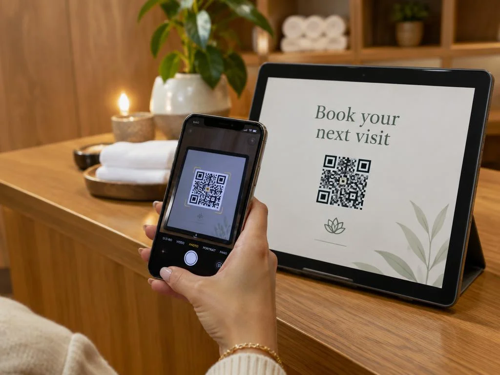 Spa client scanning a QR code on a tablet with a smartphone to book their next appointment.