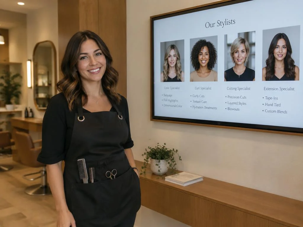 Salon stylist standing beside a digital screen featuring stylist profiles, specialties, and available beauty services.