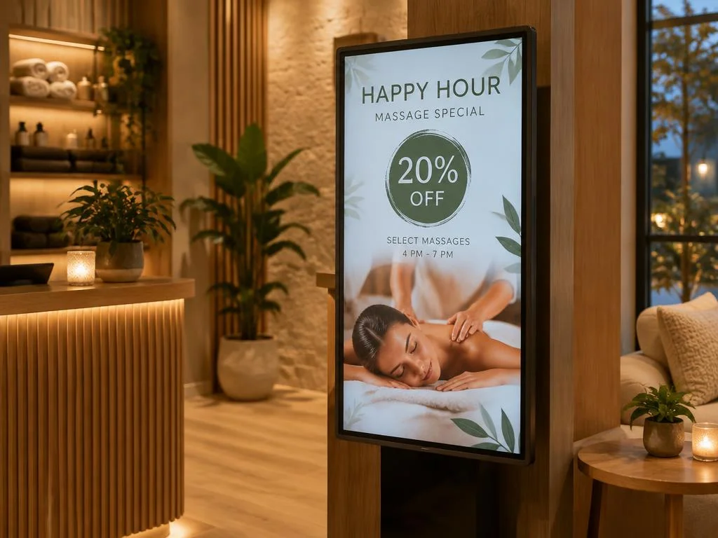 Vertical digital spa sign advertising a happy hour massage special with 20% off select treatments.