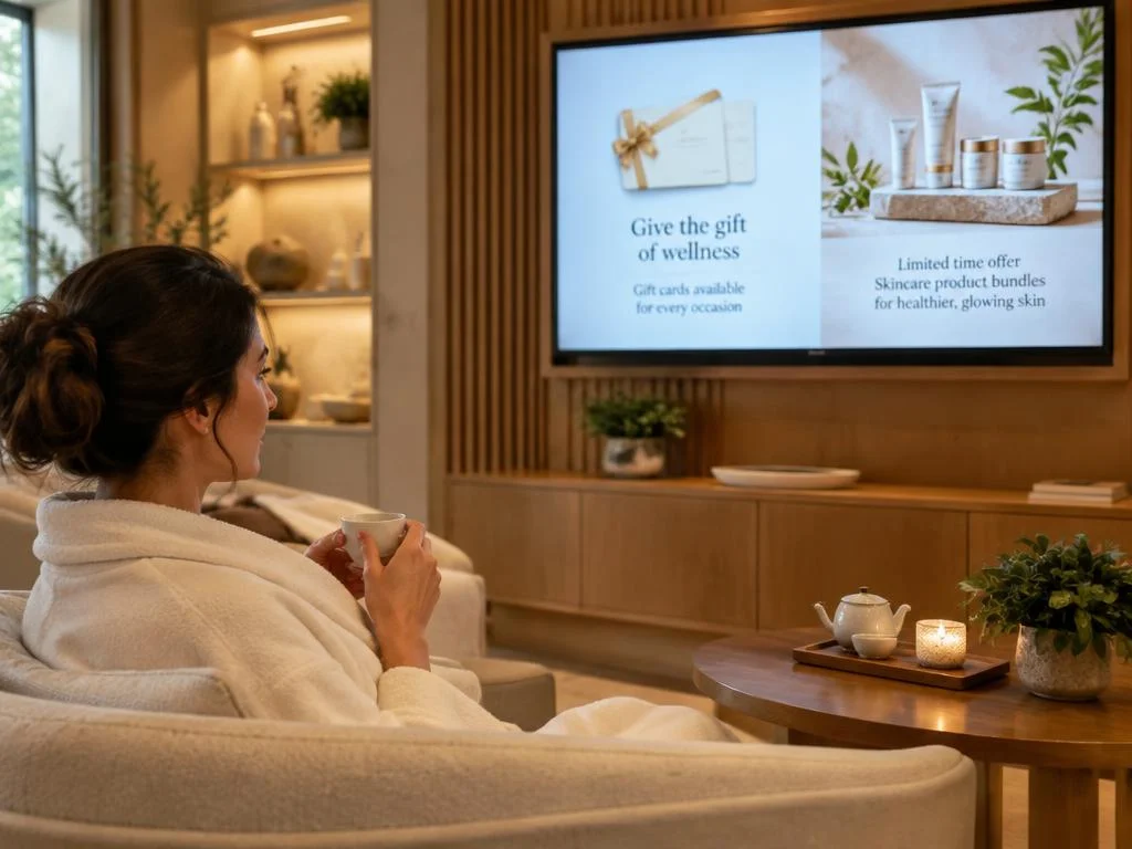 Spa guest viewing digital signage promoting wellness gift cards and skincare product bundles in a relaxing lounge.