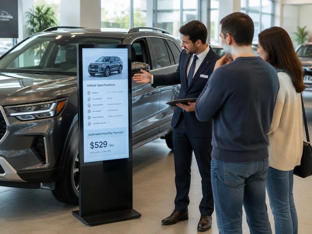 Car salesperson presenting vehicle specifications and financing options to customers using an interactive digital signage kiosk in an automotive showroom.