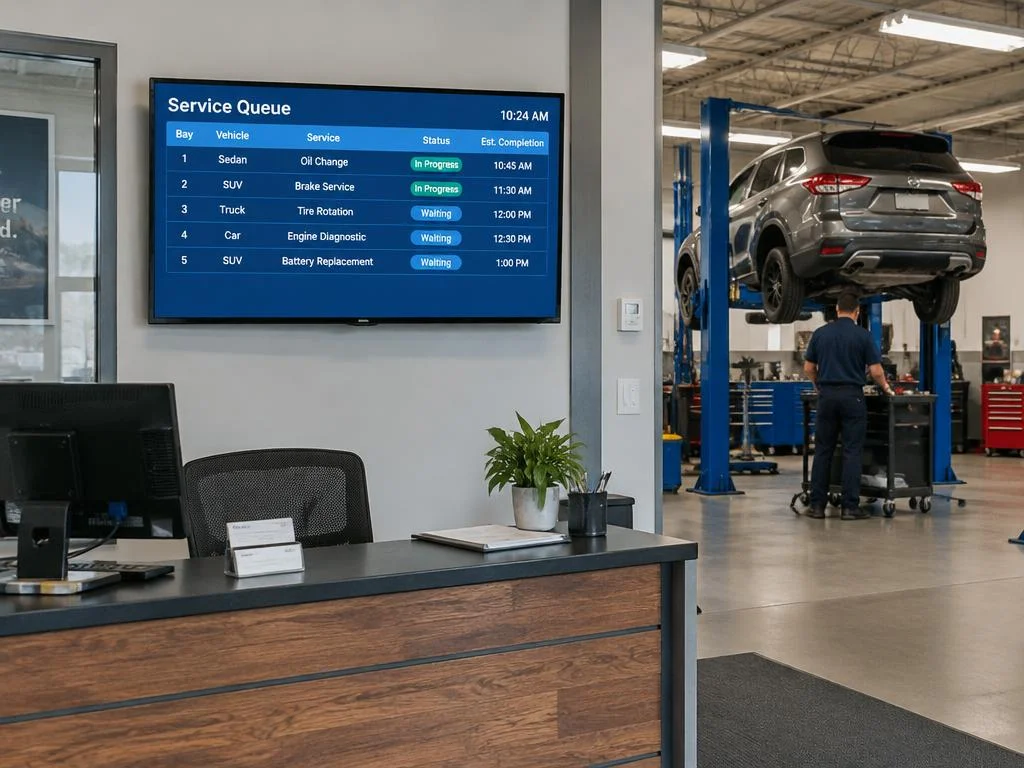 Digital signage screen displaying live vehicle service queue updates, repair progress, and estimated completion times at an automotive service center.