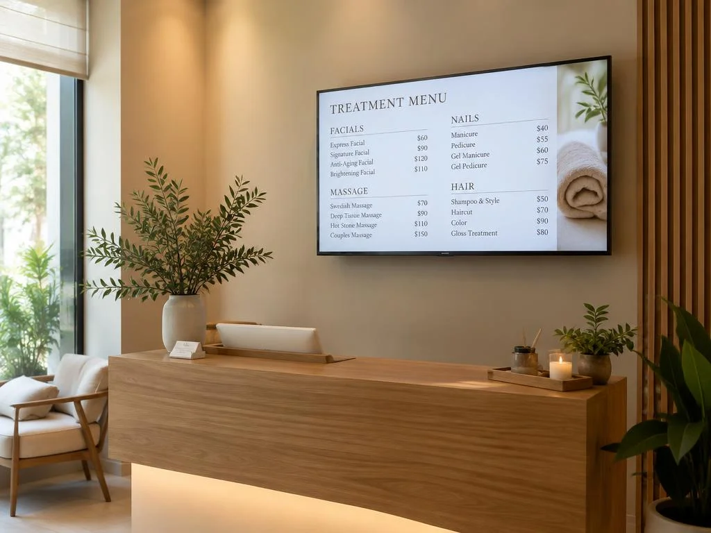 Digital spa treatment menu displaying facial, massage, nail, and hair services with prices above a modern reception desk.