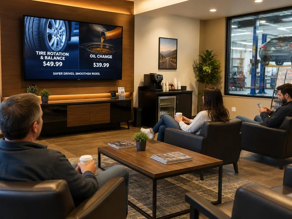 Customers relaxing in an automotive service center waiting area while a digital signage screen promotes tire rotation and oil change offers.