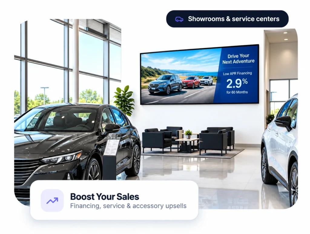 Modern car showroom featuring digital advertising displays, vehicle financing promotions, and sales growth opportunities.