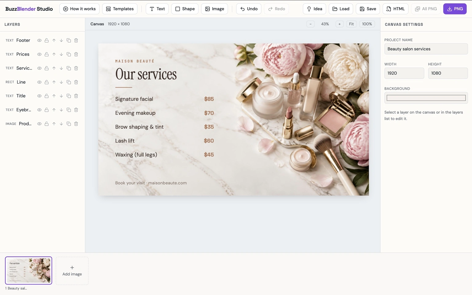 Beauty salon services price list featuring facial, makeup, brow shaping, lash lift and waxing treatments with luxury cosmetics and pink flowers.