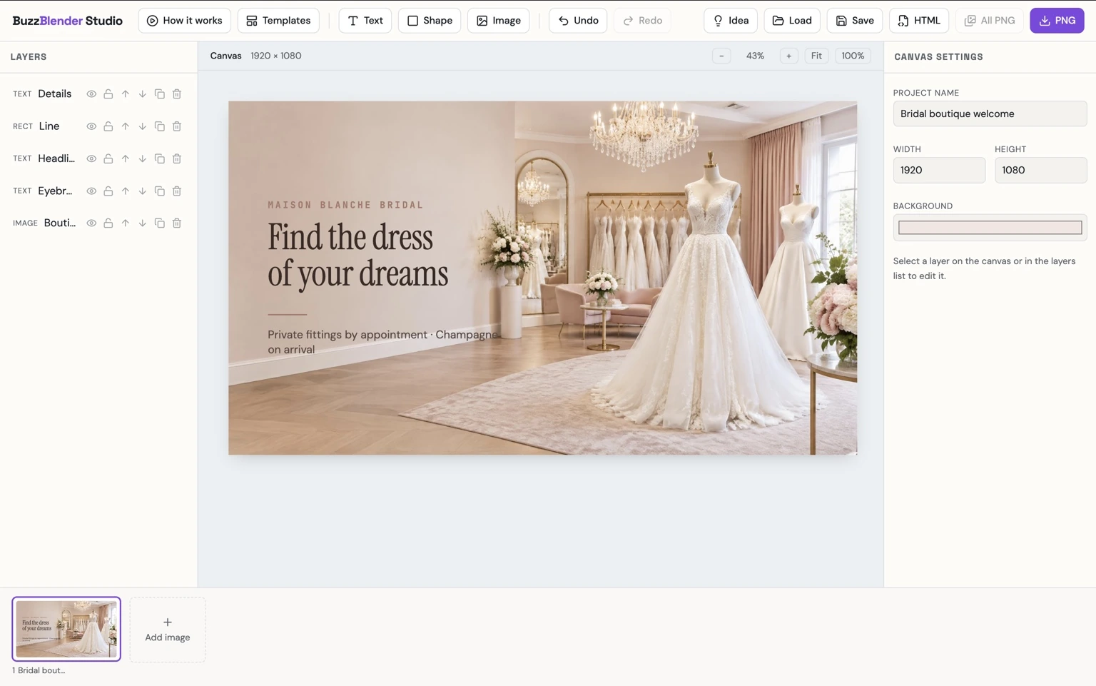 BuzzBlender Studio digital signage editor displaying an elegant bridal boutique welcome screen with wedding dresses, customizable text, and a luxury showroom background.