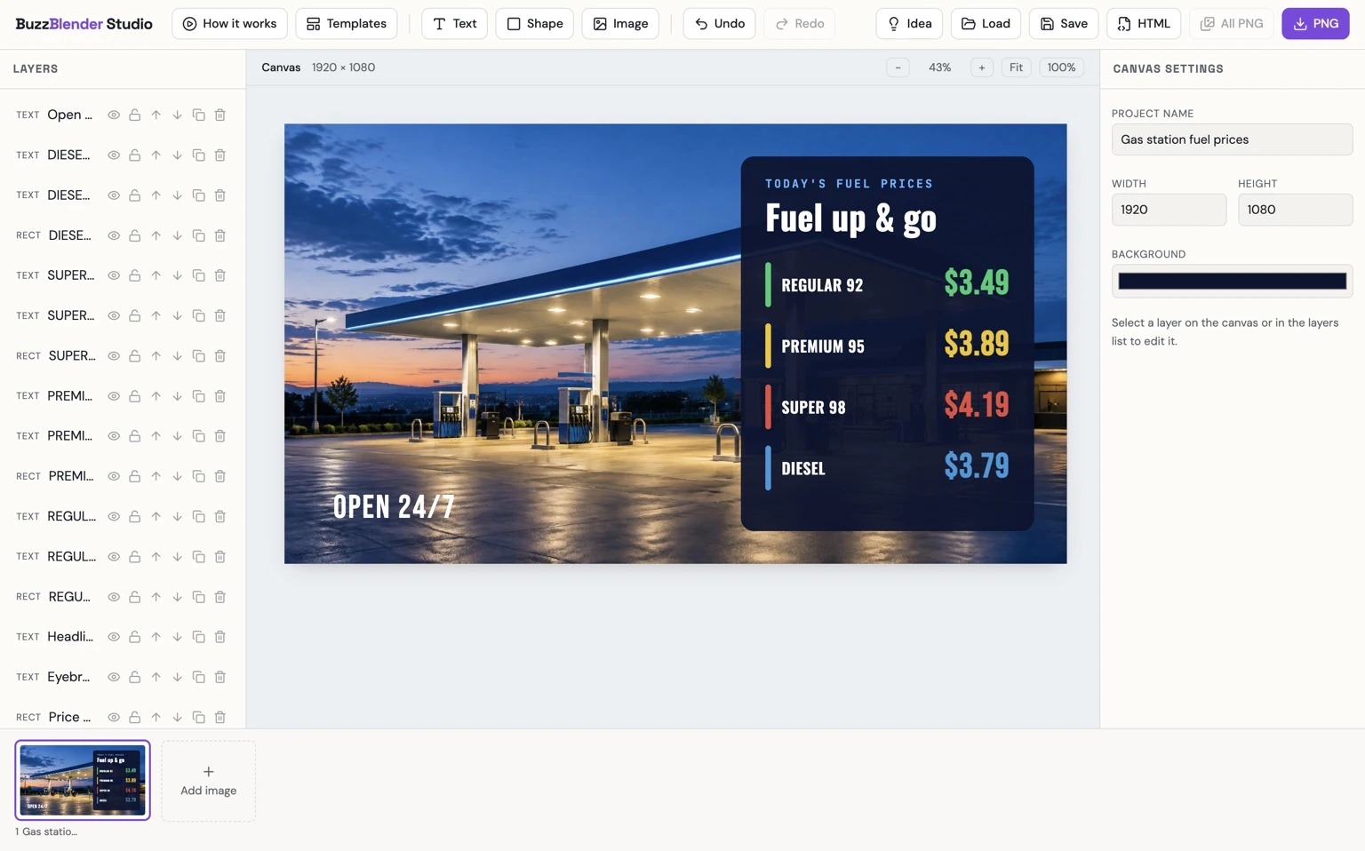 Gas station digital signage displaying fuel prices for regular, premium, super, and diesel fuel on a digital screen at a modern gas station.
