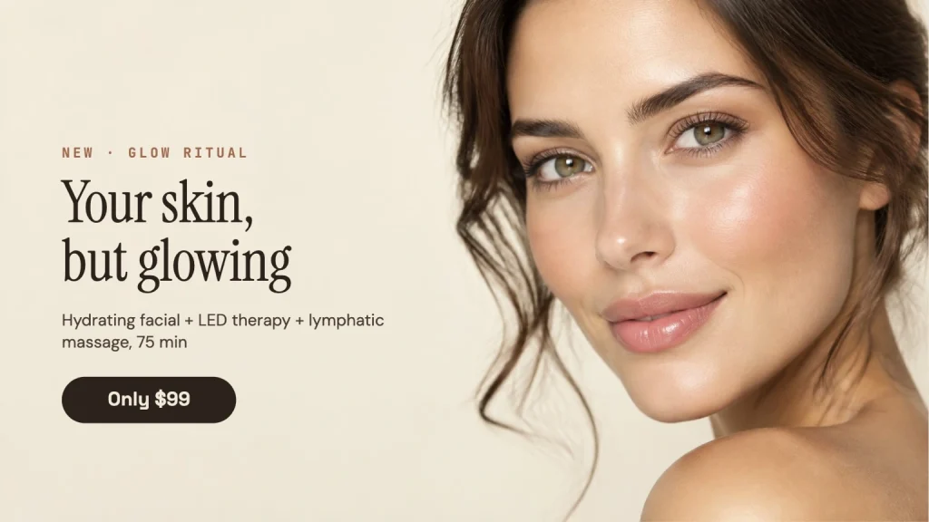 Woman with glowing skin promoting a hydrating facial with LED therapy and lymphatic massage.