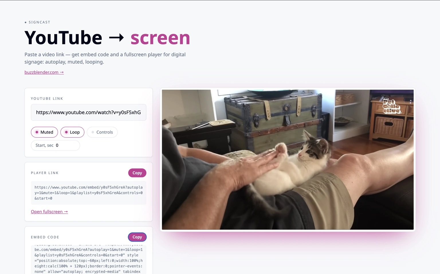 Screenshot of SignCast, a YouTube-to-screen digital signage tool that converts YouTube video links into autoplaying, muted, looping fullscreen players with embed codes.