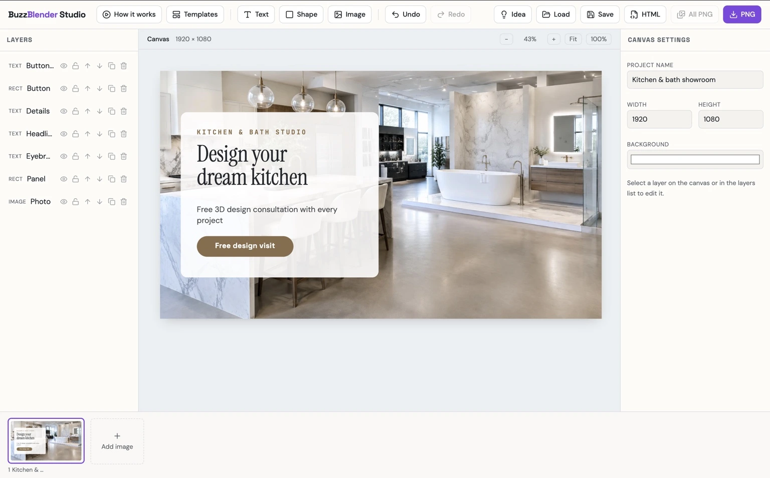 Modern luxury kitchen and bathroom showroom featuring a freestanding bathtub, marble countertops, elegant lighting, and a promotional design consultation banner.