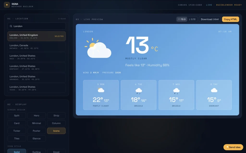 SIGNA Weather Builder interface showing a customizable weather widget for London with live preview, forecast layouts, design options, and HTML export.