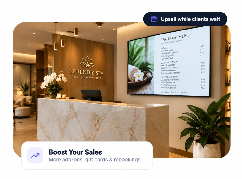 Modern spa reception with digital treatment menu and promotional sales badges for upselling, gift cards, add-ons, and rebooking.