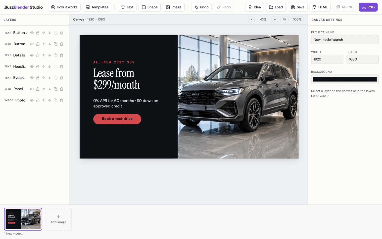 BuzzBlender Studio online design editor displaying a modern SUV promotional advertisement with a $299/month lease offer, customizable text, images, and design layers.