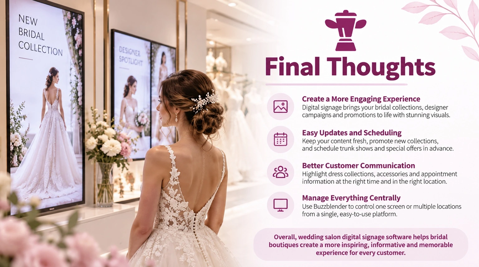 Wedding salon digital signage software by Buzzblender showcasing bridal collections on digital displays, with key benefits for bridal boutiques.